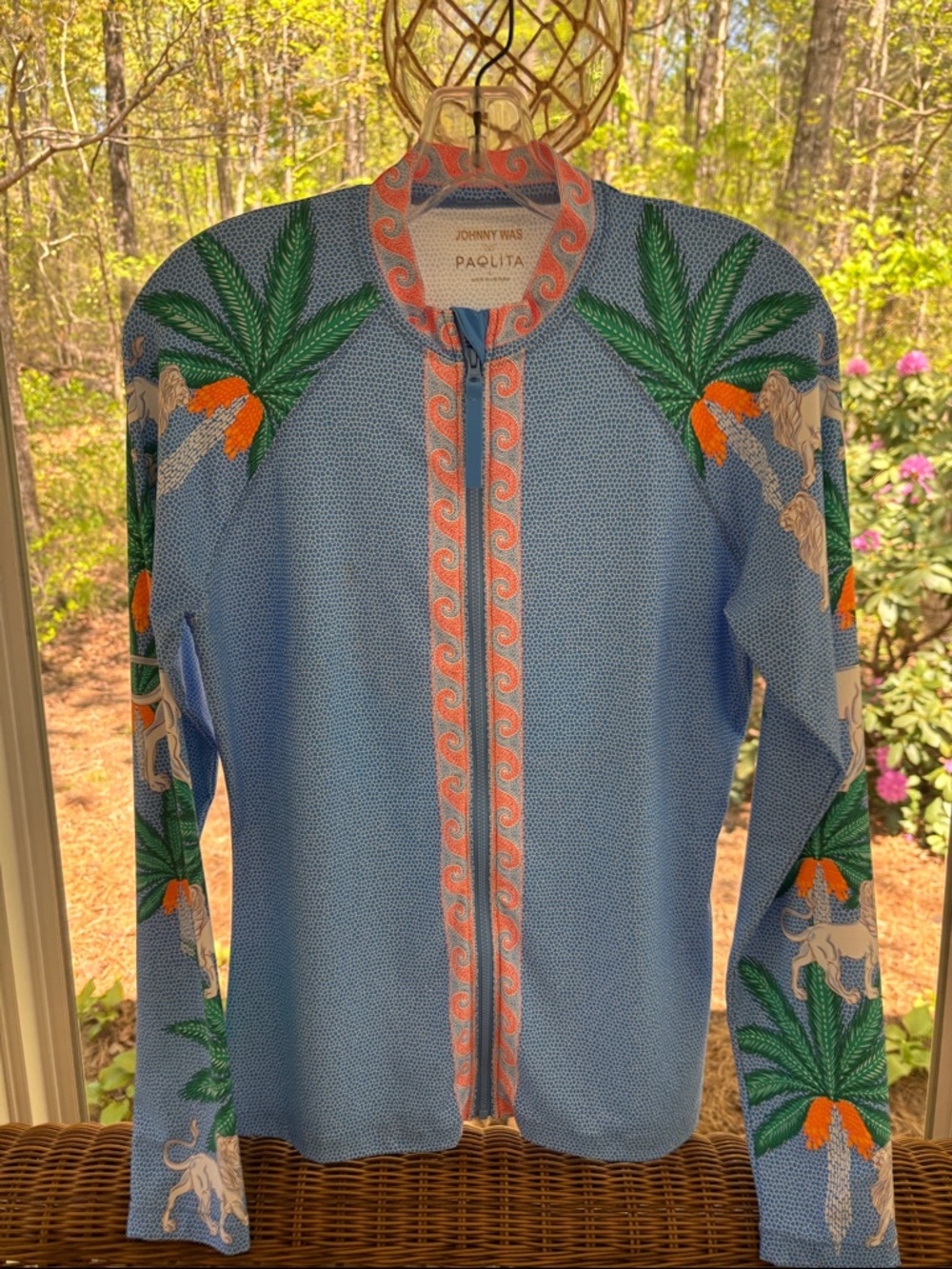 Johnny Was Sky Blue Palm Zip surf shirt.